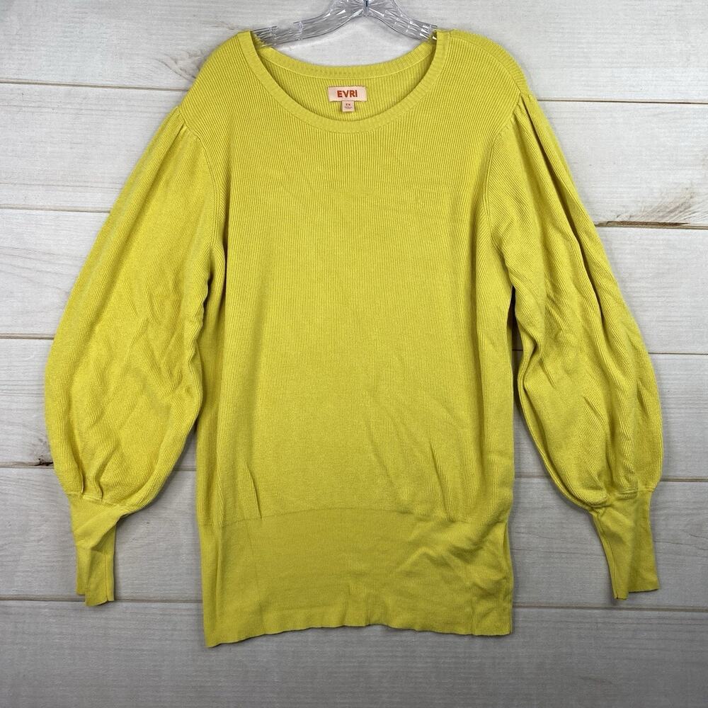 EVRI Sweater Womens Plus 2X Yellow Balloon Sleeve Ribbed Stretch Knit Pullover